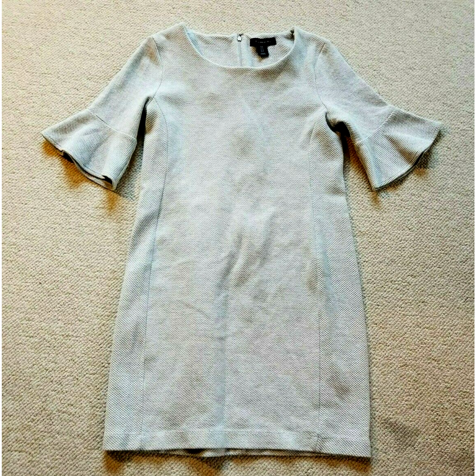 Womens Dress-Tahari-Light Gray Textured Cotton Stretch Knit Bell Elbow Sleeves-4